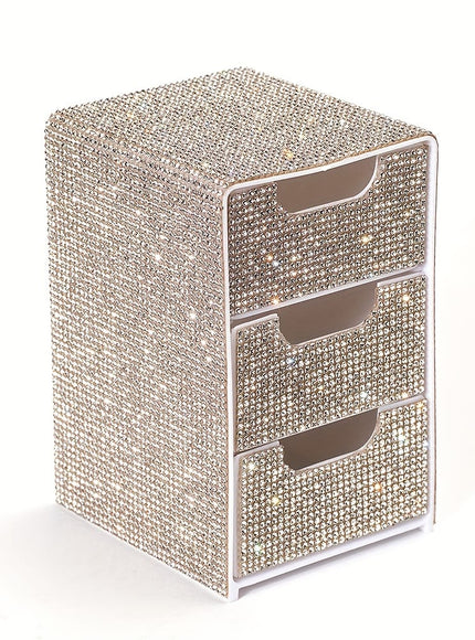 jkthpu-45 Elegant White - Dazzling Three-Tier Diamond Drawer (1 Piece) Compact 3Layer Desktop Organizer Box for Makeup and More