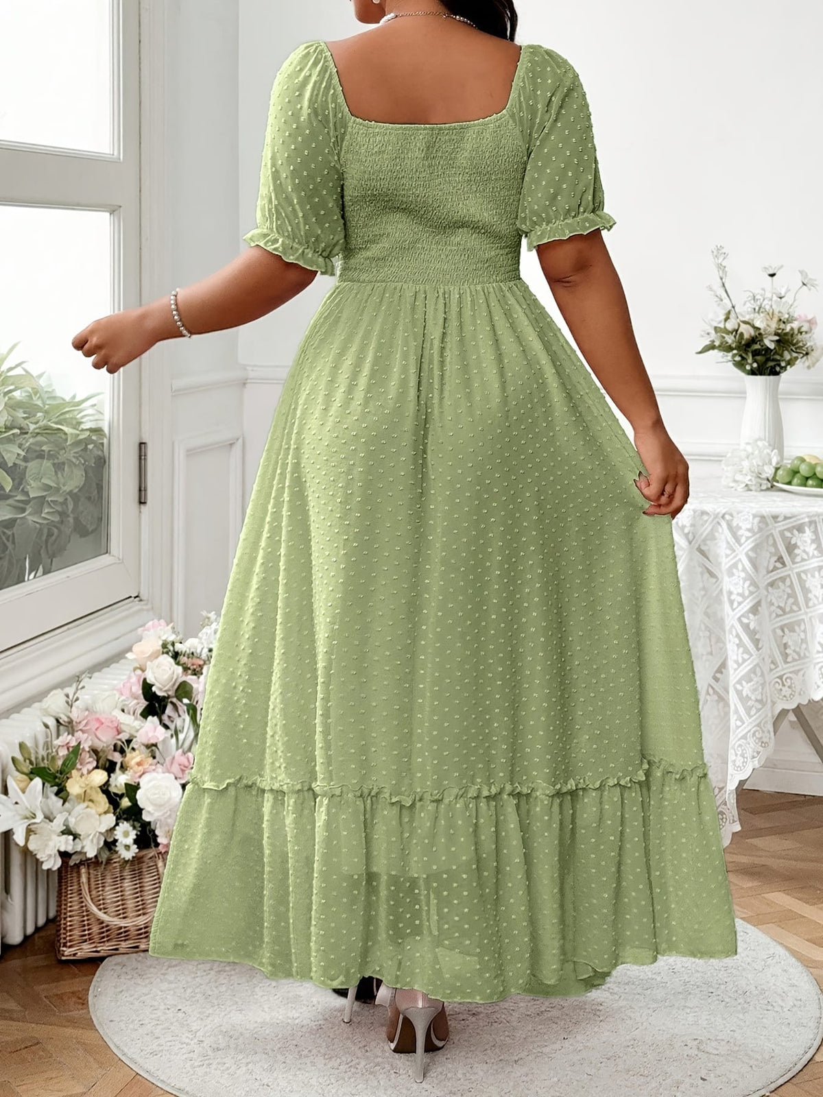 jkthpu-45 Elegant White Plus Size Maxi Dress Lantern Sleeves Ruffled Hem