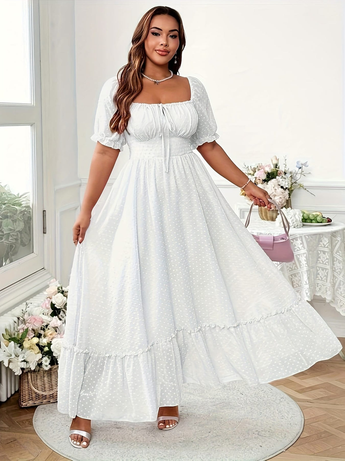 jkthpu-45 Elegant White Plus Size Maxi Dress Lantern Sleeves Ruffled Hem