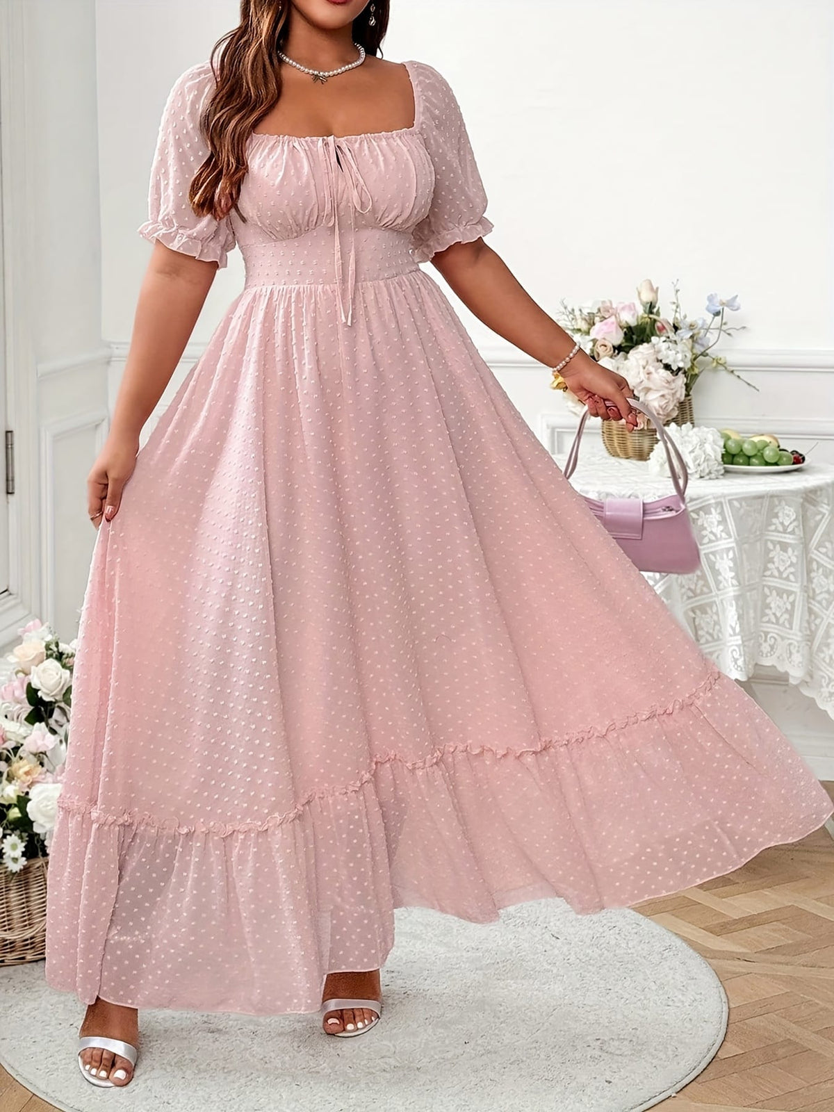jkthpu-45 Elegant White Plus Size Maxi Dress Lantern Sleeves Ruffled Hem