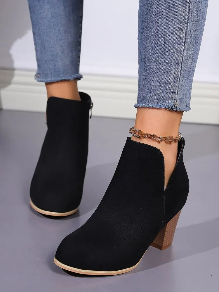 KissICON Elegant Women Ankle Bootie Side Zippers Chunky Mid