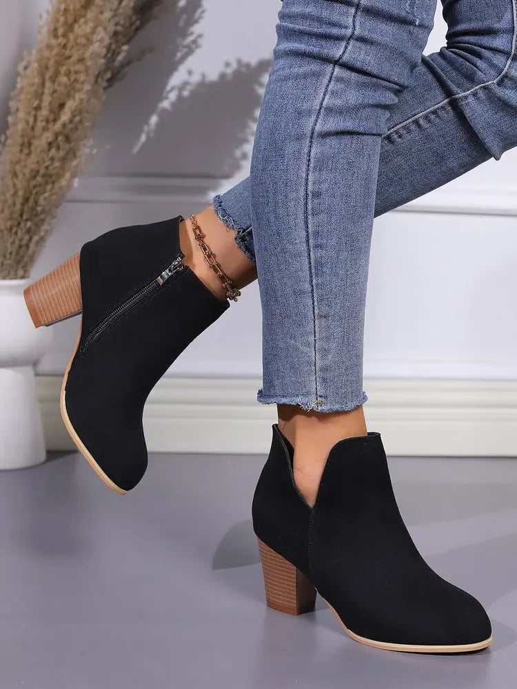 KissICON Elegant Women Ankle Bootie Side Zippers Chunky Mid