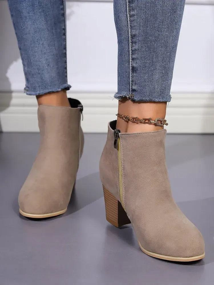KissICON Elegant Women Ankle Bootie Side Zippers Chunky Mid