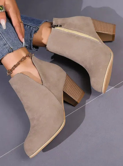 KissICON Elegant Women Ankle Bootie Side Zippers Chunky Mid