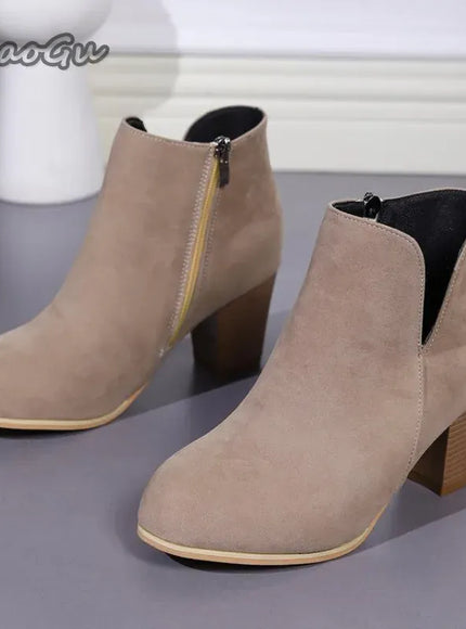 KissICON Elegant Women Ankle Bootie Side Zippers Chunky Mid