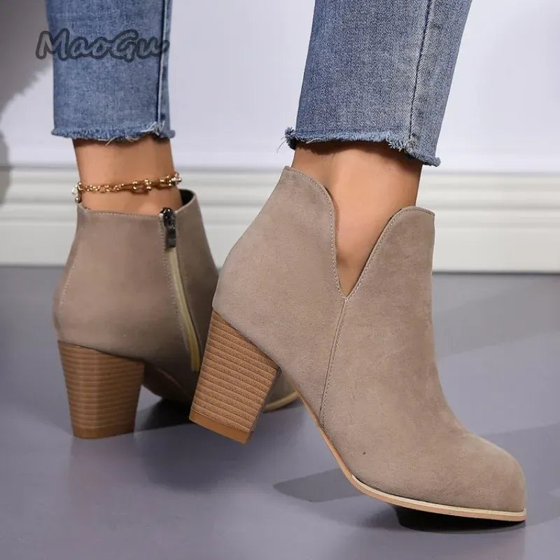 KissICON Elegant Women Ankle Bootie Side Zippers Chunky Mid