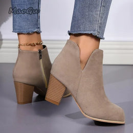 KissICON Elegant Women Ankle Bootie Side Zippers Chunky Mid