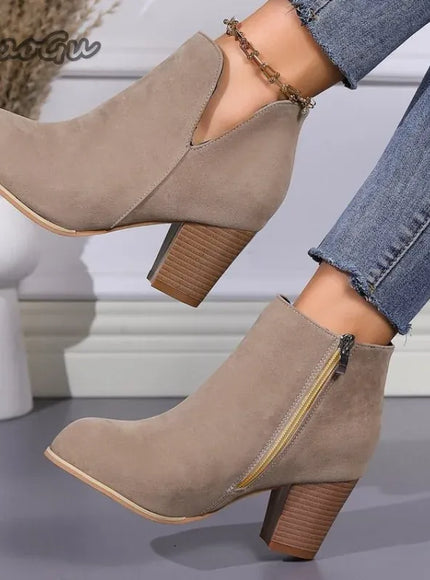 KissICON Elegant Women Ankle Bootie Side Zippers Chunky Mid