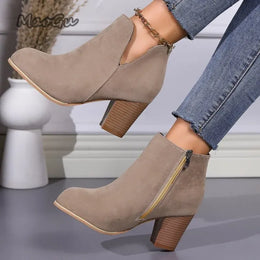 KissICON Elegant Women Ankle Bootie Side Zippers Chunky Mid