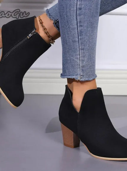 KissICON Elegant Women Ankle Bootie Side Zippers Chunky Mid