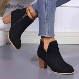 KissICON Elegant Women Ankle Bootie Side Zippers Chunky Mid