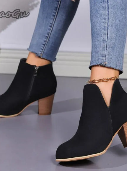 KissICON Elegant Women Ankle Bootie Side Zippers Chunky Mid
