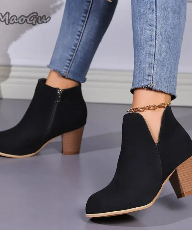 KissICON Elegant Women Ankle Bootie Side Zippers Chunky Mid
