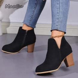 KissICON Elegant Women Ankle Bootie Side Zippers Chunky Mid
