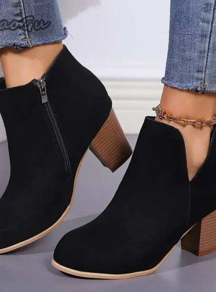 KissICON Elegant Women Ankle Bootie Side Zippers Chunky Mid