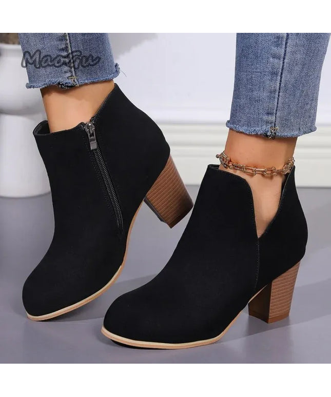 KissICON Elegant Women Ankle Bootie Side Zippers Chunky Mid