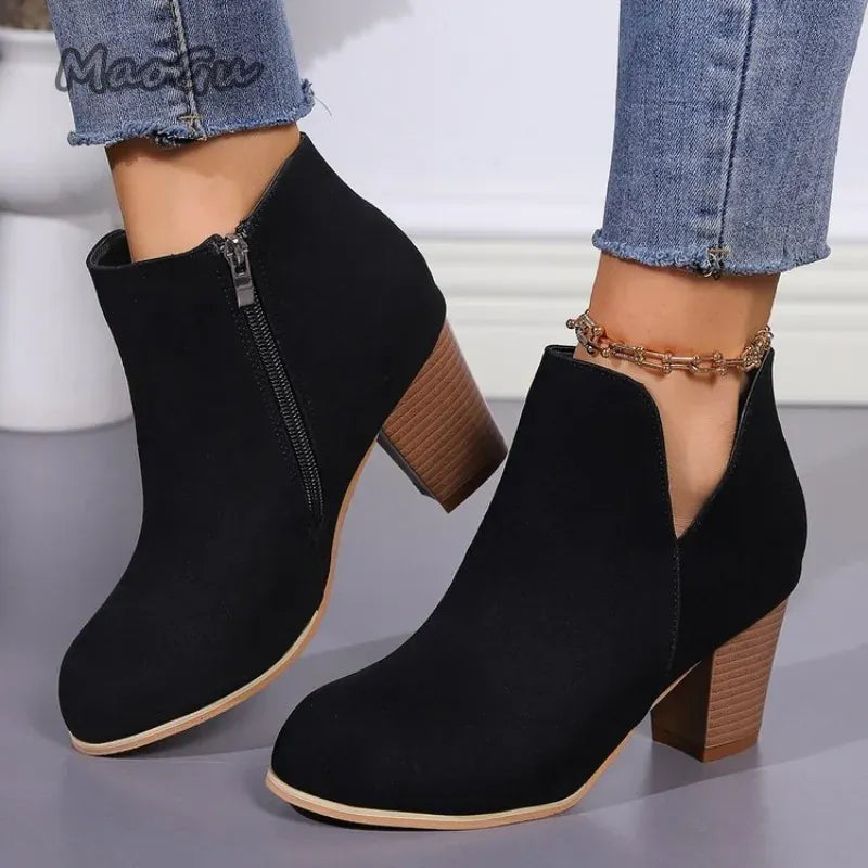 KissICON Elegant Women Ankle Bootie Side Zippers Chunky Mid