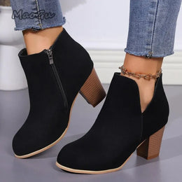 KissICON Elegant Women Ankle Bootie Side Zippers Chunky Mid