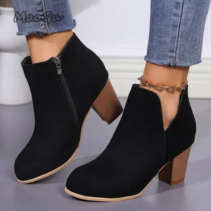Elegant Women Ankle Bootie Side Zippers Chunky Mid