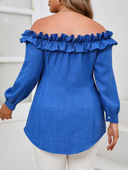 KissICON Elegant Women's Off-Shoulder Ruffle Trim Blouse - Long Sleeve, Button Front, Non-Stretch Polyester in Vibrant Blue, Machine Washable