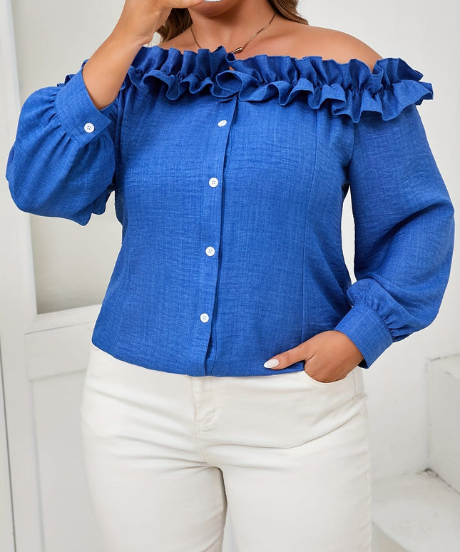KissICON Elegant Women's Off-Shoulder Ruffle Trim Blouse - Long Sleeve, Button Front, Non-Stretch Polyester in Vibrant Blue, Machine Washable