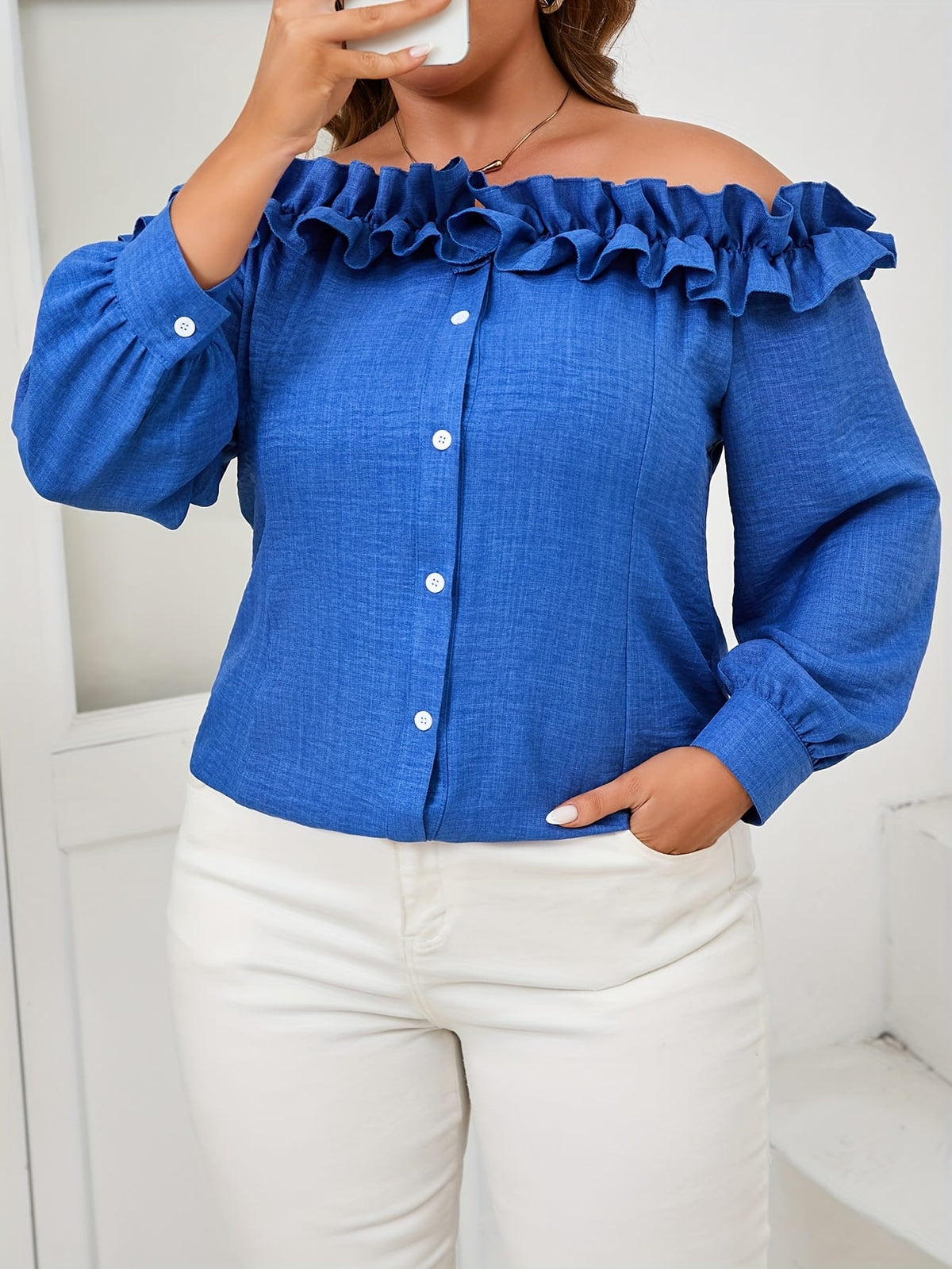 KissICON Elegant Women's Off-Shoulder Ruffle Trim Blouse - Long Sleeve, Button Front, Non-Stretch Polyester in Vibrant Blue, Machine Washable