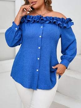 KissICON Elegant Women's Off-Shoulder Ruffle Trim Blouse - Long Sleeve, Button Front, Non-Stretch Polyester in Vibrant Blue, Machine Washable