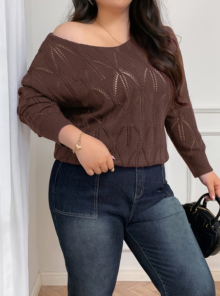 jkthpu-45 Elegant Women's Plus-Size Hollow-Shoulder Pullover - Long Sleeve