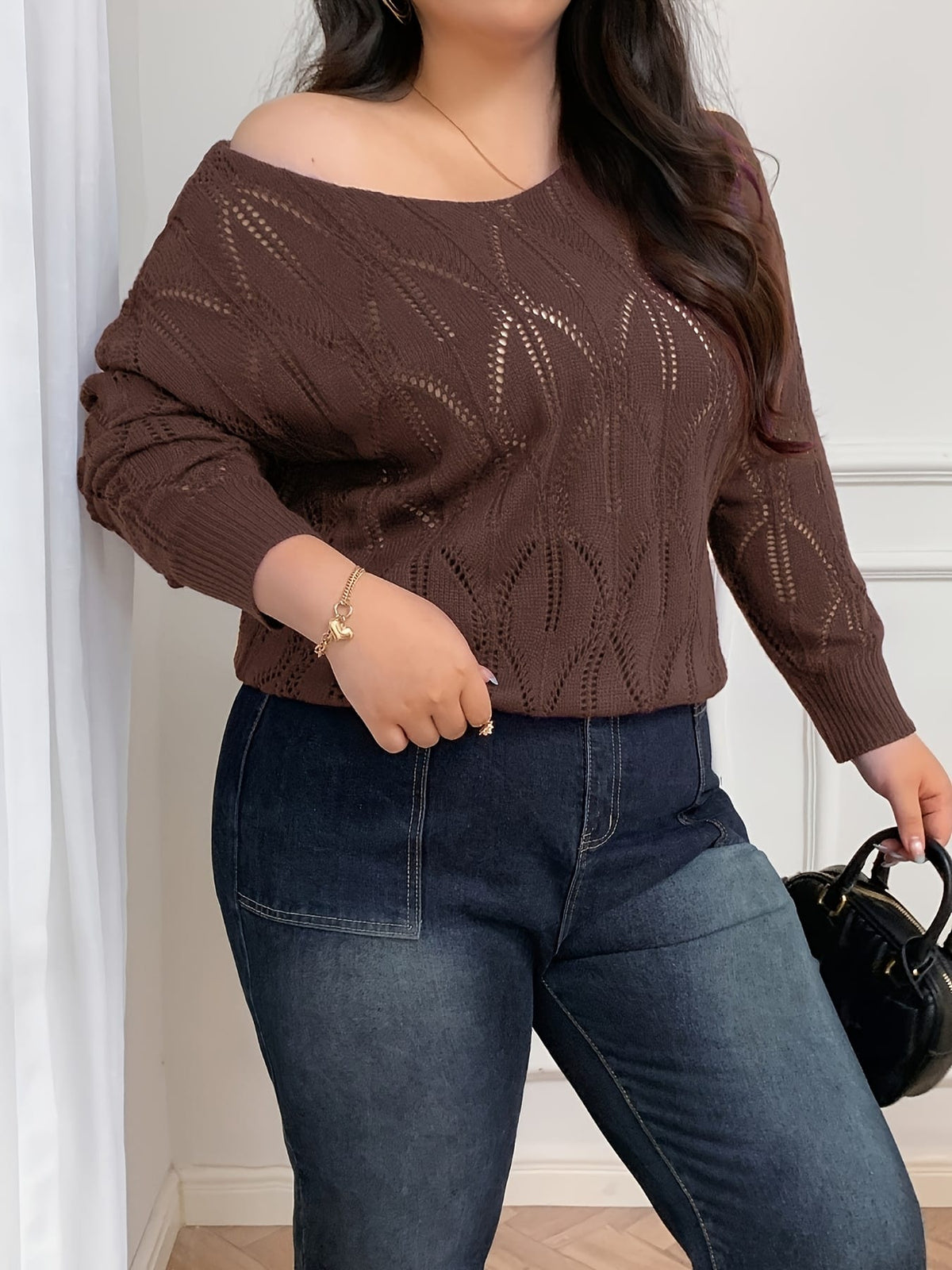 jkthpu-45 Elegant Women's Plus-Size Hollow-Shoulder Pullover - Long Sleeve