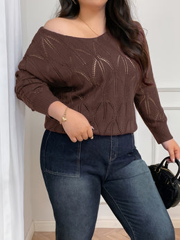 jkthpu-45 Elegant Women's Plus-Size Hollow-Shoulder Pullover - Long Sleeve