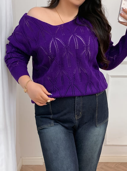 jkthpu-45 Elegant Women's Plus-Size Hollow-Shoulder Pullover - Long Sleeve