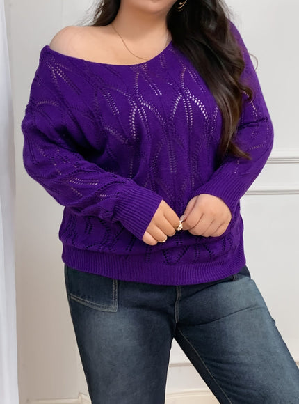 jkthpu-45 Elegant Women's Plus-Size Hollow-Shoulder Pullover - Long Sleeve
