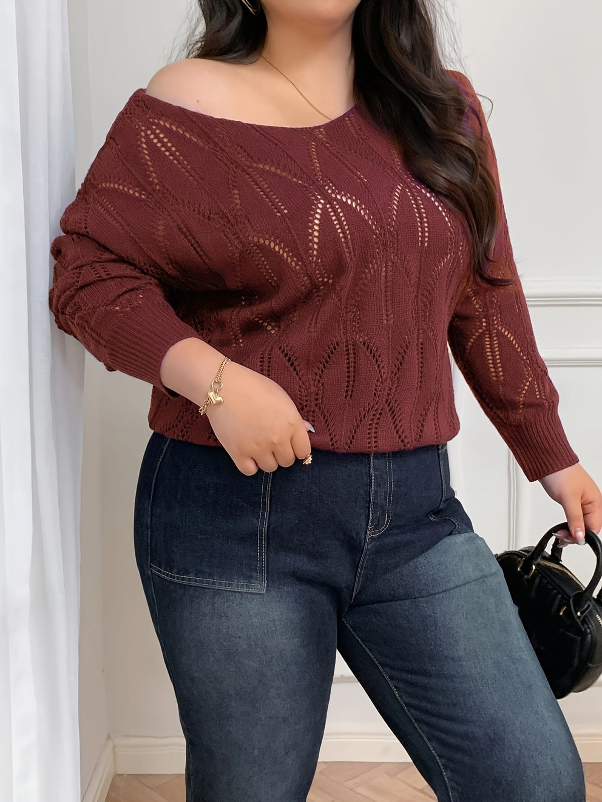 jkthpu-45 Elegant Women's Plus-Size Hollow-Shoulder Pullover - Long Sleeve