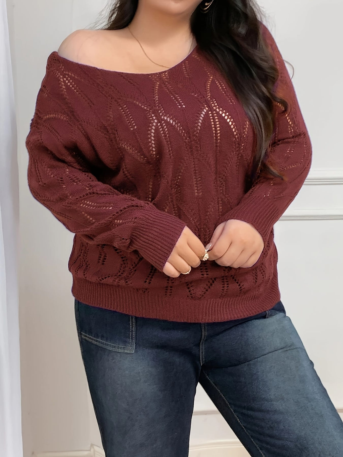 jkthpu-45 Elegant Women's Plus-Size Hollow-Shoulder Pullover - Long Sleeve