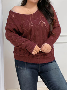 jkthpu-45 Elegant Women's Plus-Size Hollow-Shoulder Pullover - Long Sleeve