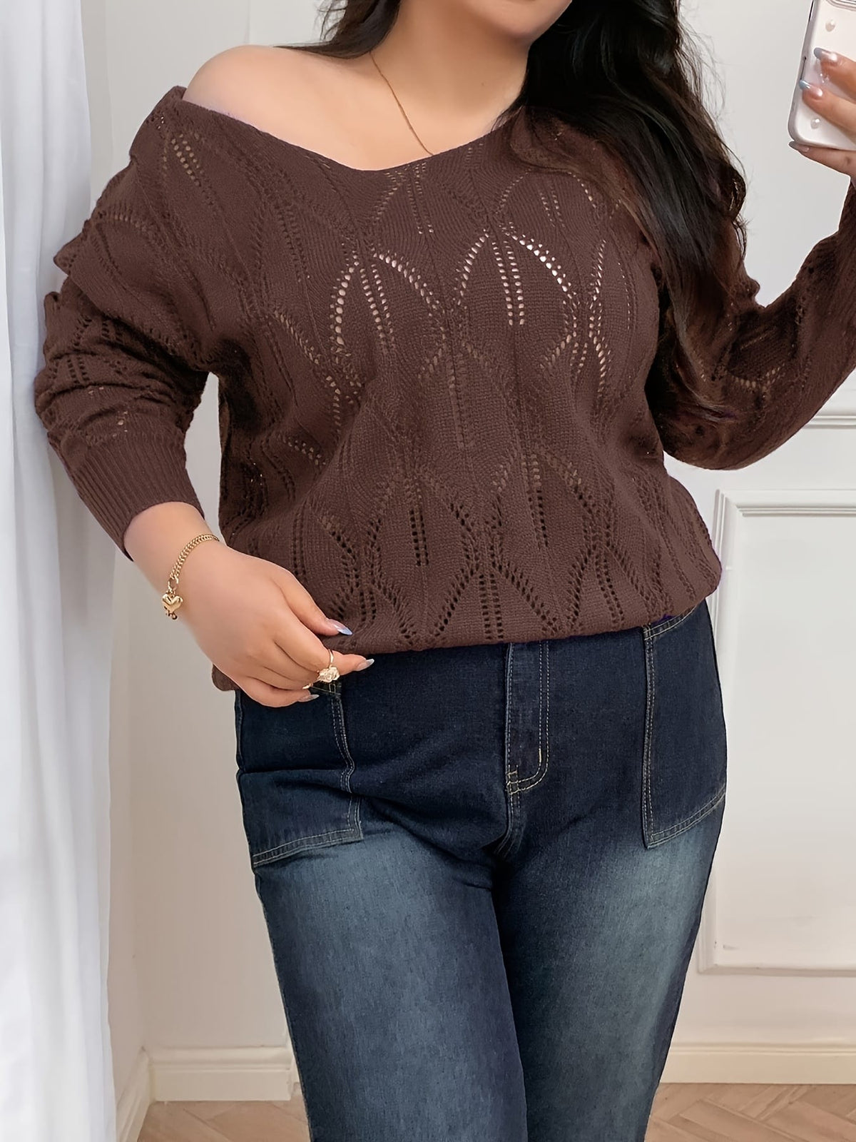 jkthpu-45 Elegant Women's Plus-Size Hollow-Shoulder Pullover - Long Sleeve