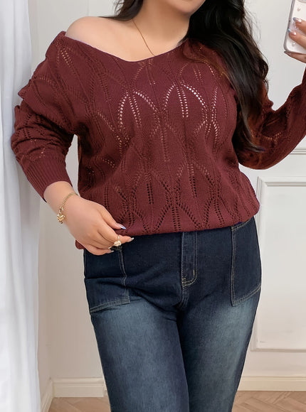 jkthpu-45 Elegant Women's Plus-Size Hollow-Shoulder Pullover - Long Sleeve
