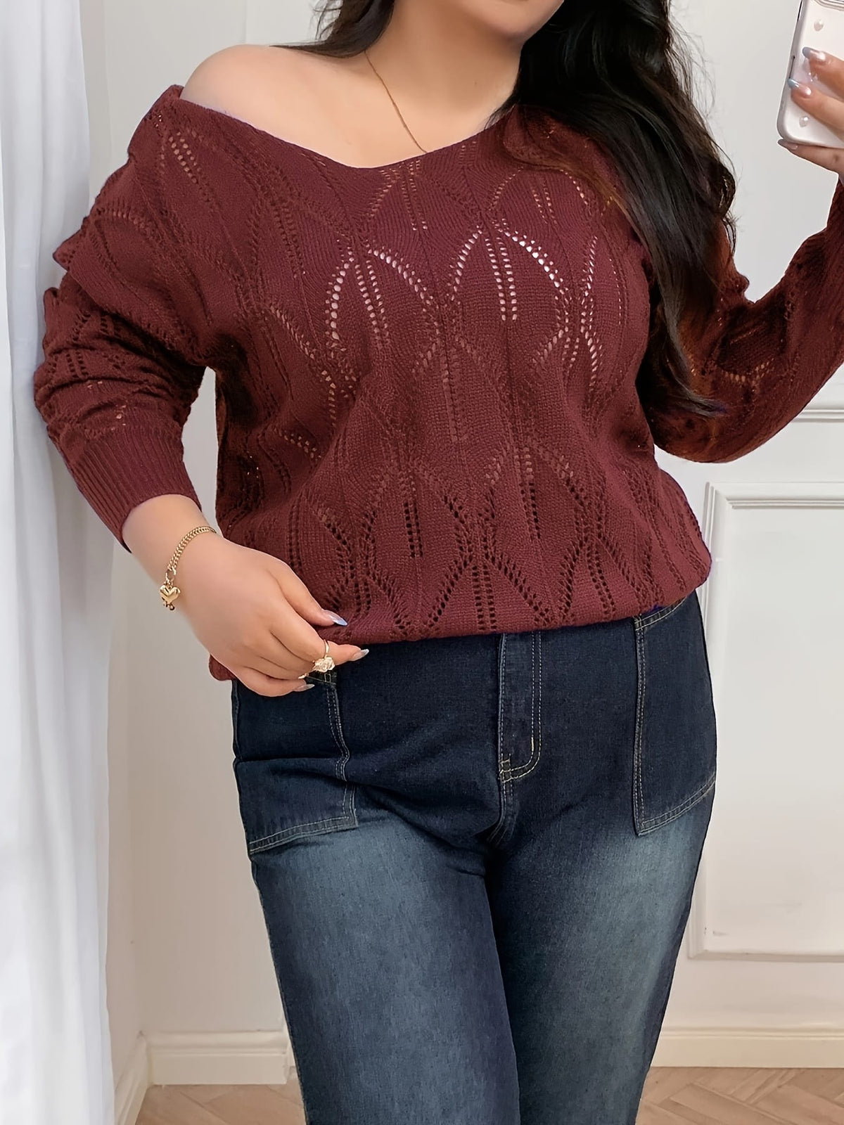 jkthpu-45 Elegant Women's Plus-Size Hollow-Shoulder Pullover - Long Sleeve
