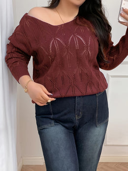jkthpu-45 Elegant Women's Plus-Size Hollow-Shoulder Pullover - Long Sleeve