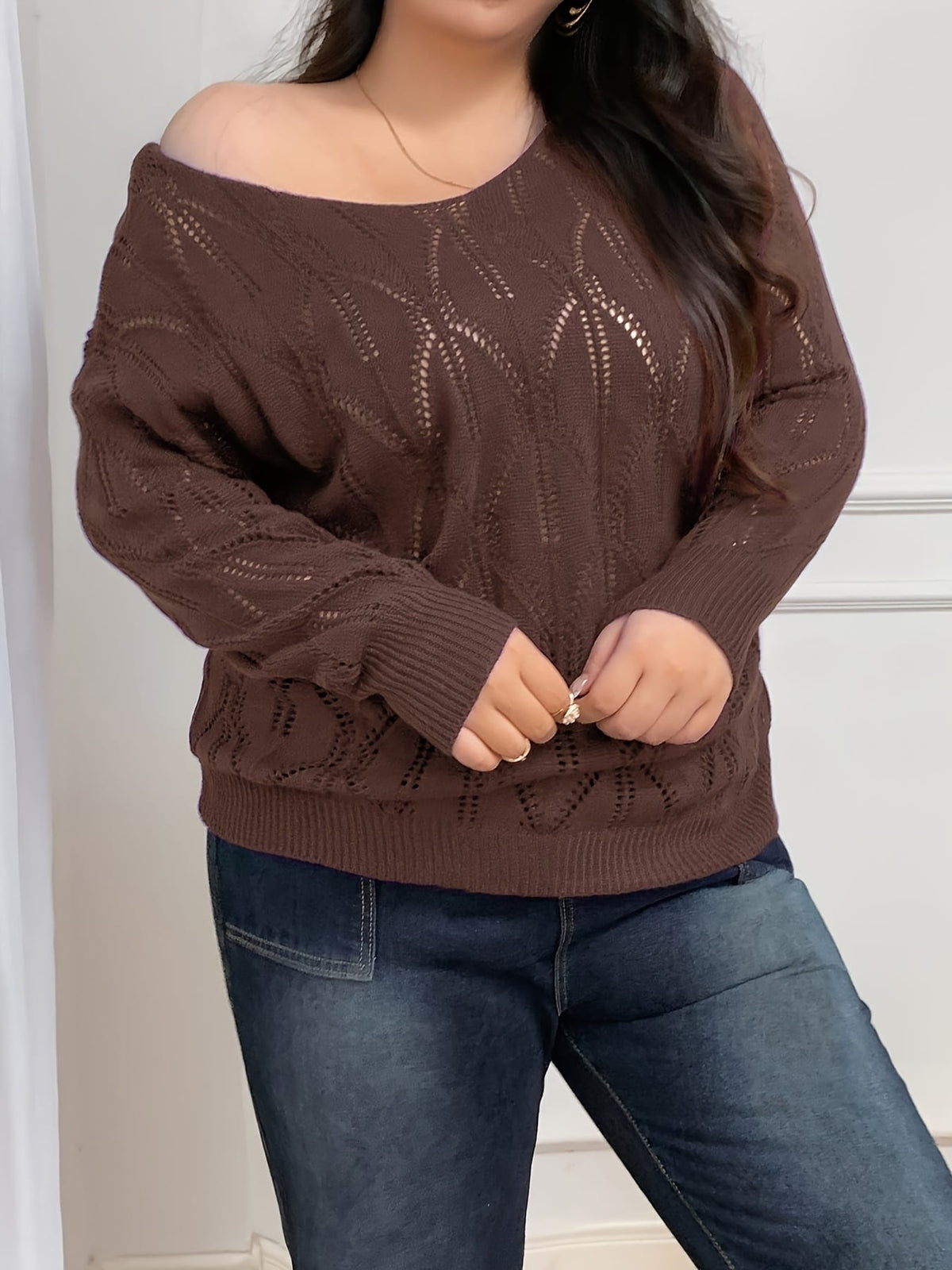 jkthpu-45 Elegant Women's Plus-Size Hollow-Shoulder Pullover - Long Sleeve