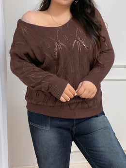 jkthpu-45 Elegant Women's Plus-Size Hollow-Shoulder Pullover - Long Sleeve