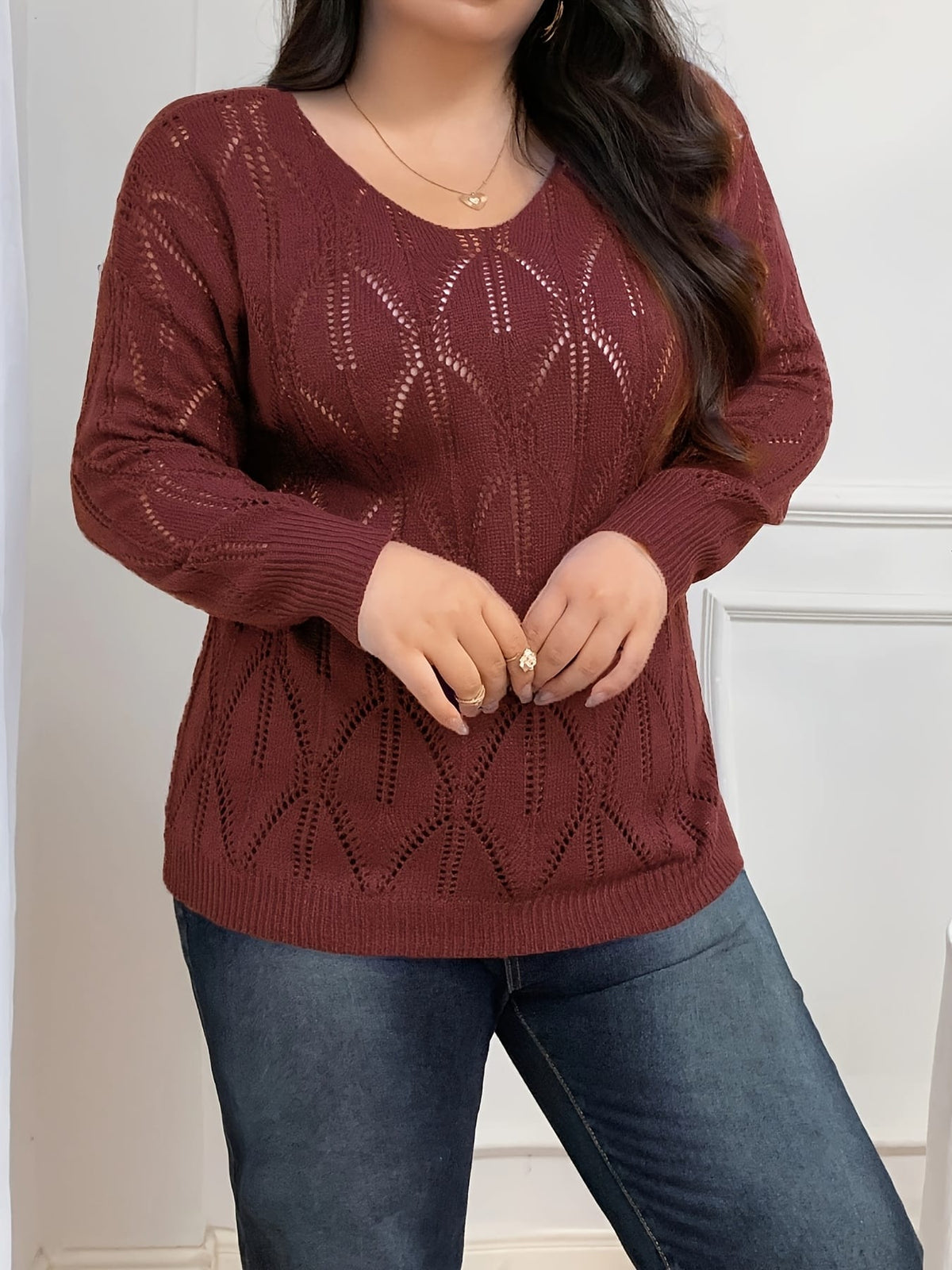 jkthpu-45 Elegant Women's Plus-Size Hollow-Shoulder Pullover - Long Sleeve
