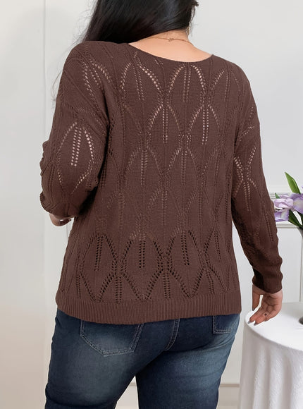 jkthpu-45 Elegant Women's Plus-Size Hollow-Shoulder Pullover - Long Sleeve
