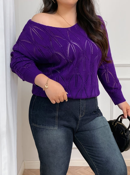 jkthpu-45 Elegant Women's Plus-Size Hollow-Shoulder Pullover - Long Sleeve