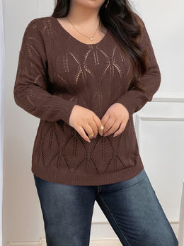 jkthpu-45 Elegant Women's Plus-Size Hollow-Shoulder Pullover - Long Sleeve