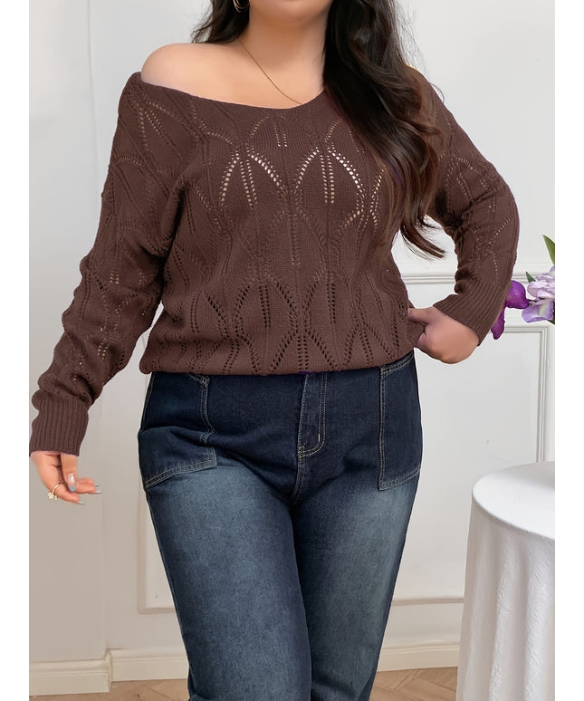 jkthpu-45 Elegant Women's Plus-Size Hollow-Shoulder Pullover - Long Sleeve