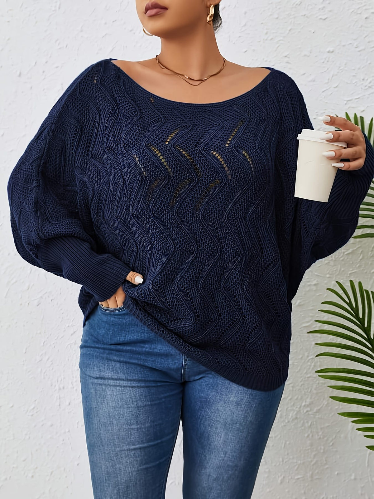 jkthpu-45 Elegant Women's Plus-Size Hollow-Shoulder Pullover - Off-Shoulder Long