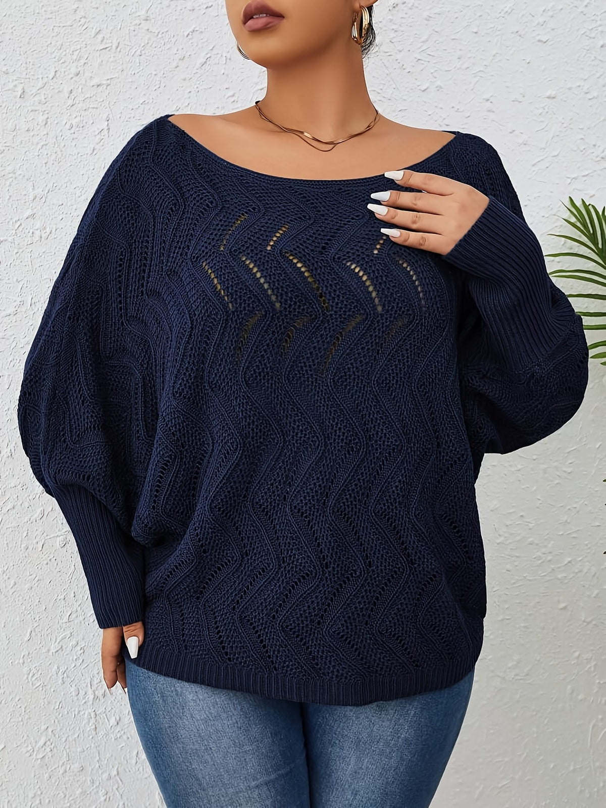 jkthpu-45 Elegant Women's Plus-Size Hollow-Shoulder Pullover - Off-Shoulder Long