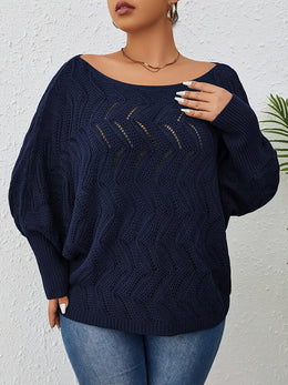 jkthpu-45 Elegant Women's Plus-Size Hollow-Shoulder Pullover - Off-Shoulder Long