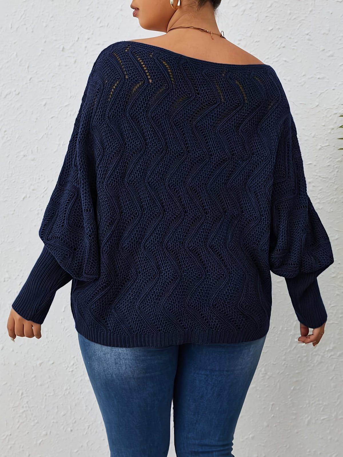 jkthpu-45 Elegant Women's Plus-Size Hollow-Shoulder Pullover - Off-Shoulder Long